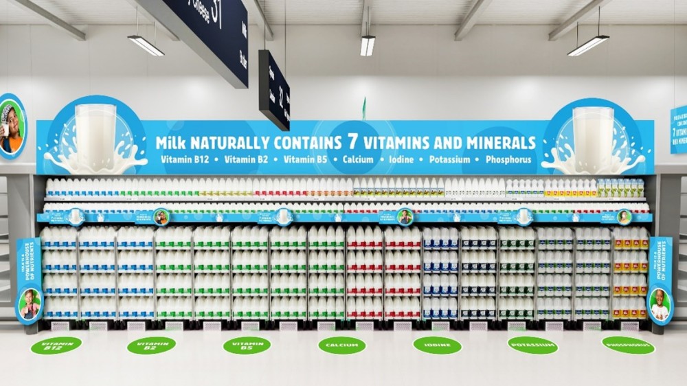 Supermarket milk aisle with suggested new branding
